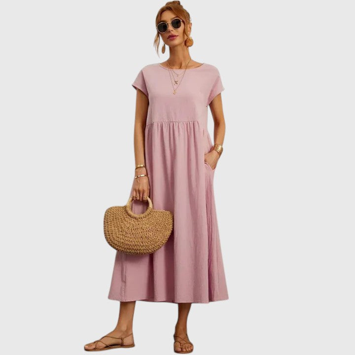 Short Sleeve Relaxed Fit Midi Dress – Breathable Fabric & Lightweight Feel