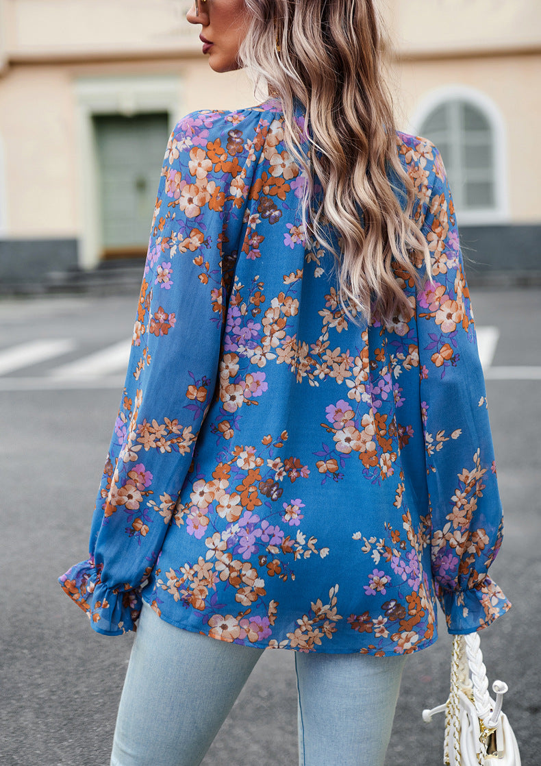 Aaliyah Blouse Femme – Lightweight Floral Top with Long Sleeves & V-Neck for Elegant Style