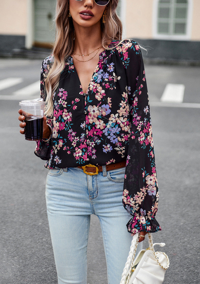 Aaliyah Blouse Femme – Lightweight Floral Top with Long Sleeves & V-Neck for Elegant Style