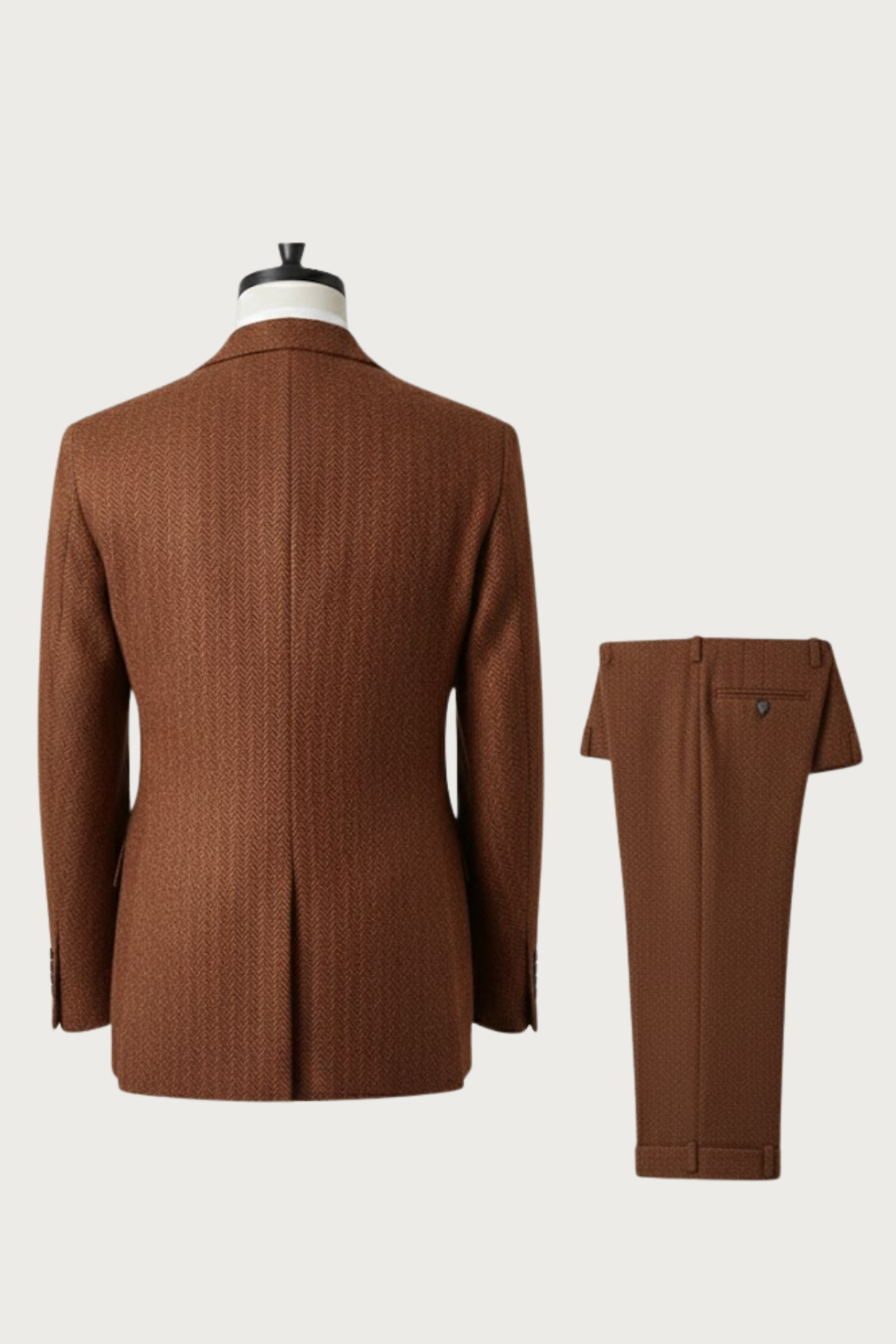 Men’s Burnt Rust Three-Piece Tweed Suit – Tailored Herringbone Blazer, Waistcoat and Trousers