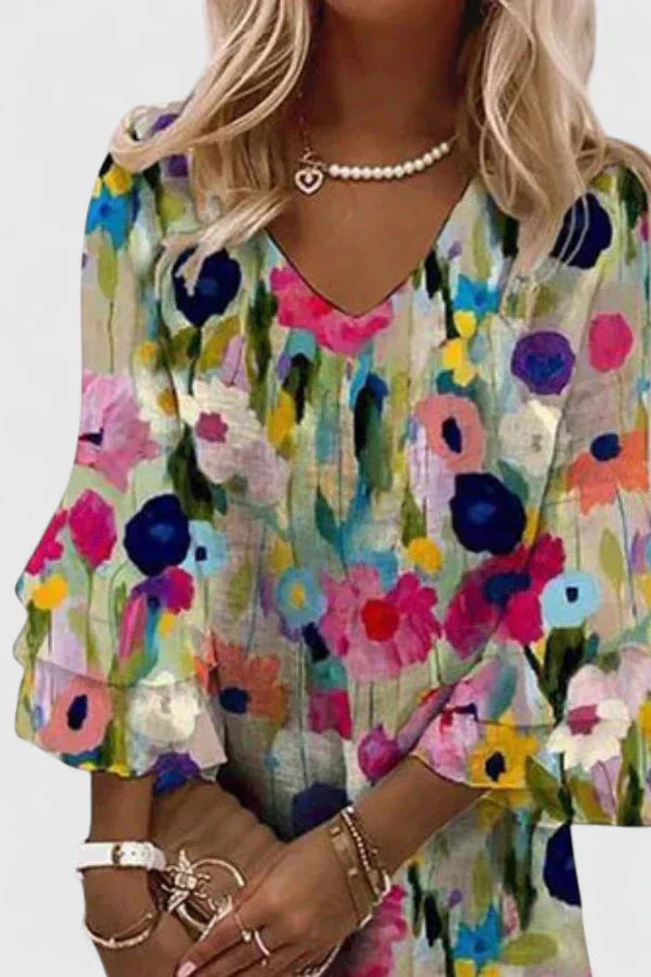 Floral V-Neck Dress – Flattering Silhouette & All-Day Comfort