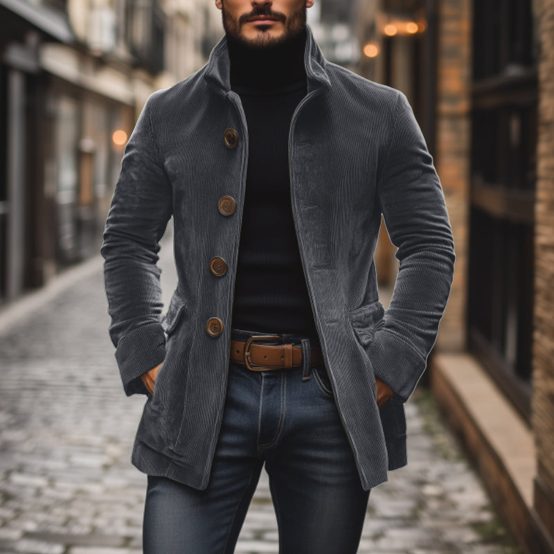 Emerson Men's Corduroy Velvet Coat – Slim Fit with Stand-up Collar & Elegant Side Pockets
