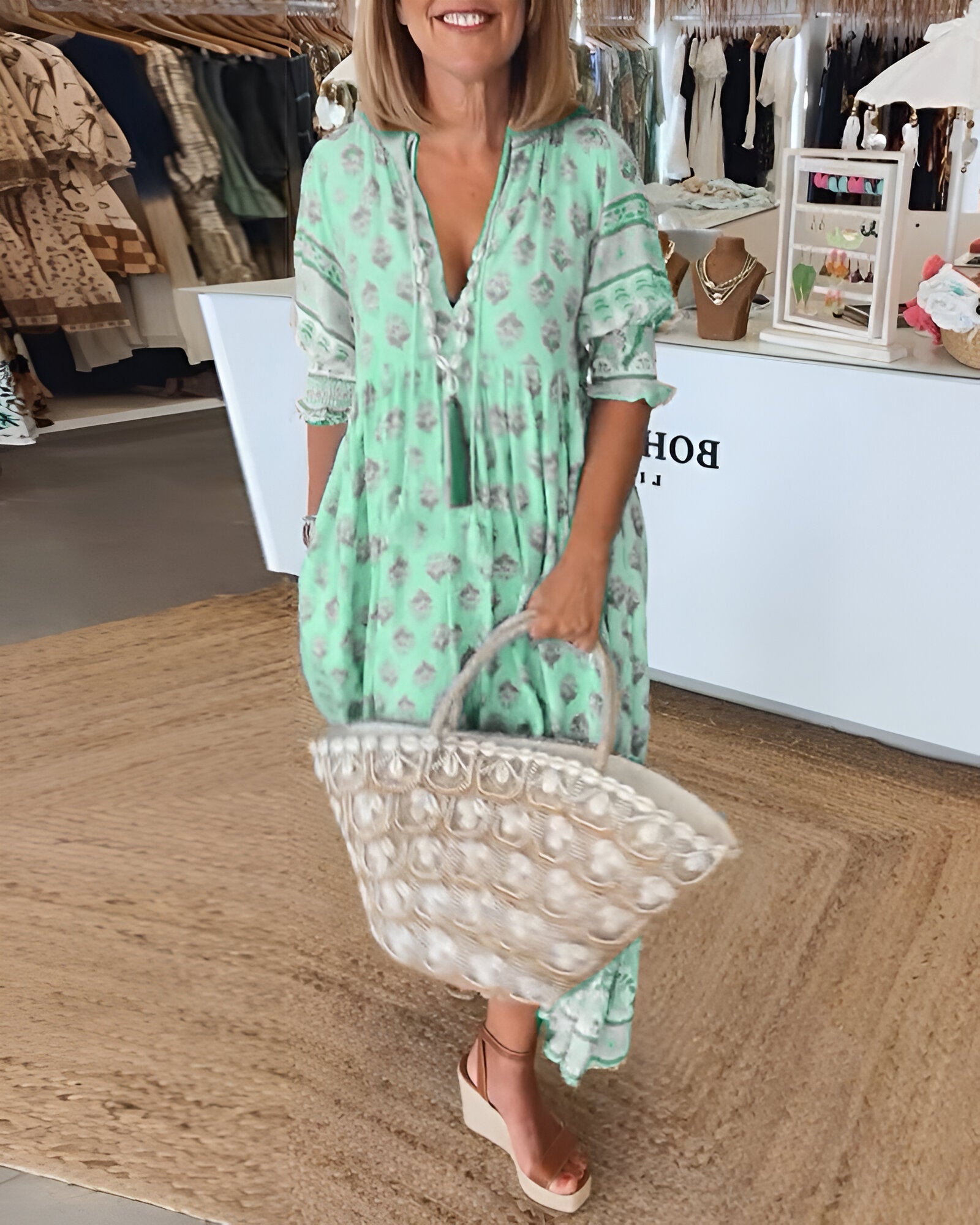 Women's V-Neck Boho Floral Maxi Dress - Flowy Summer Beach Style