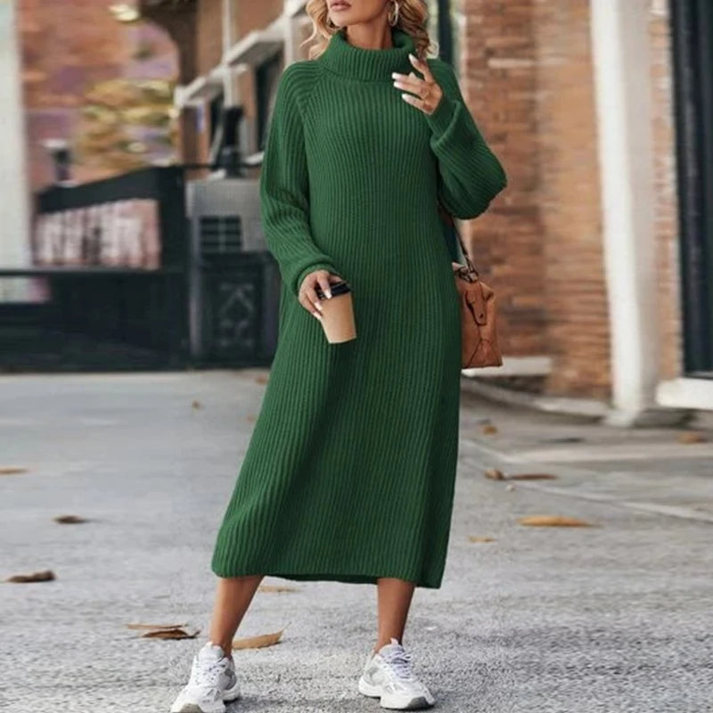 Women's Knitted Jumper Dress - Roll neck with Midi Length
