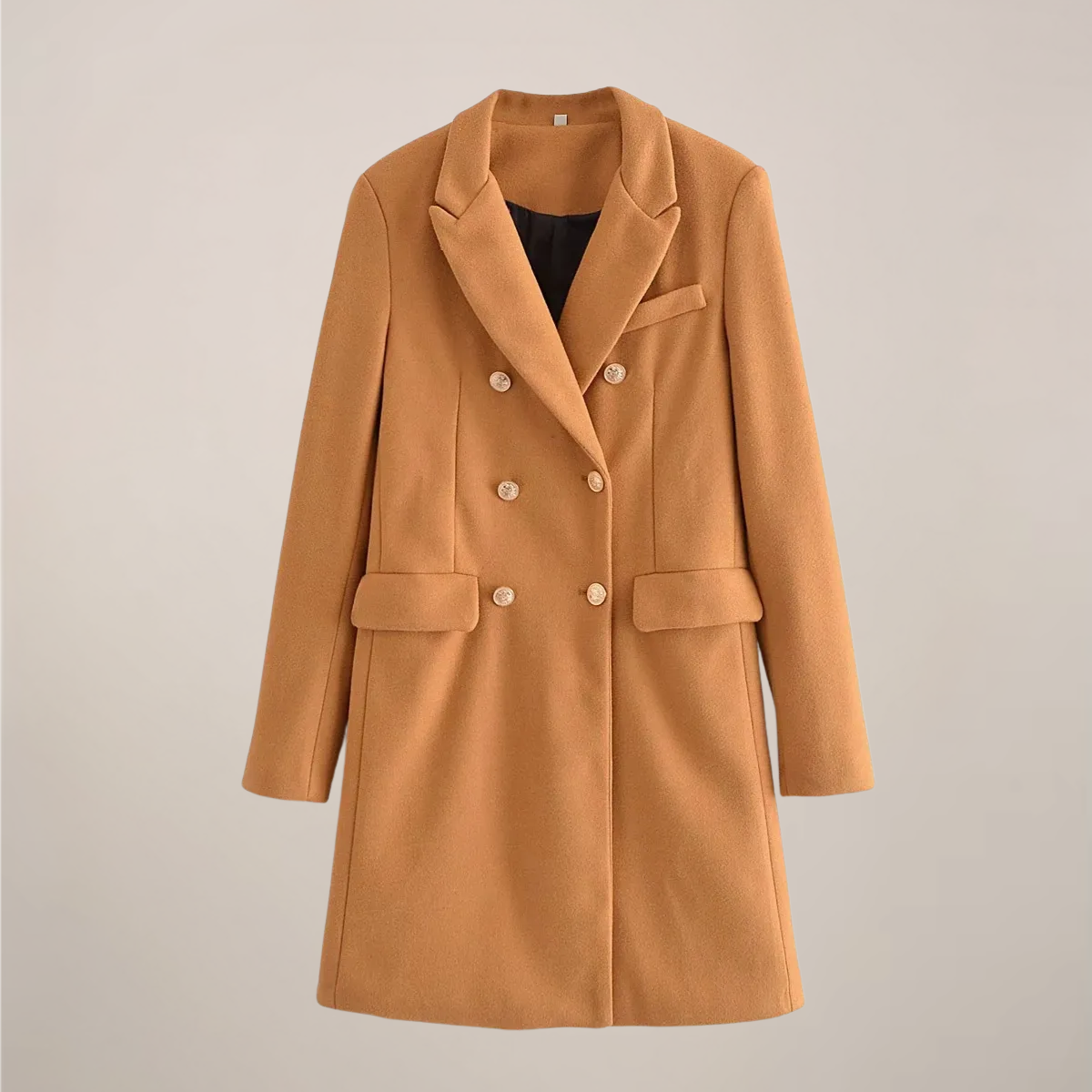 Women’s Camel Structured Peacoat – Double-Breasted with Gold Buttons