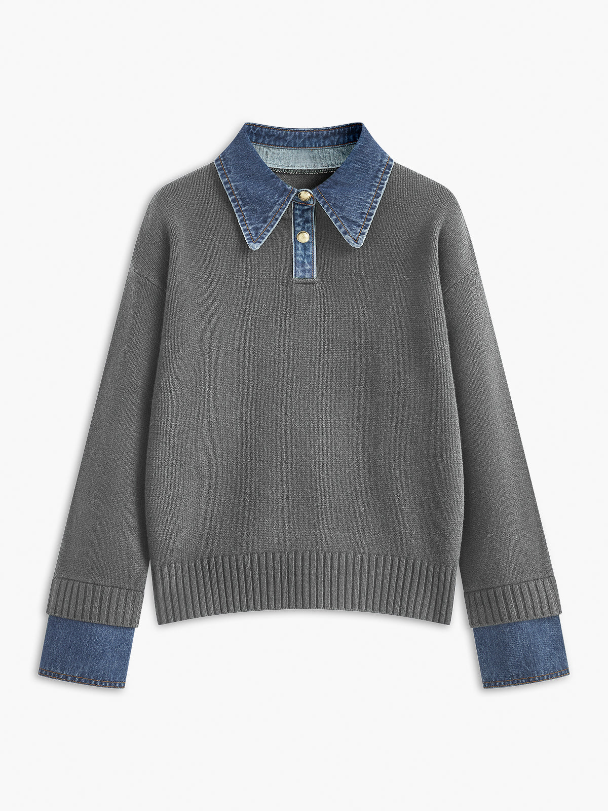 Giana Elegant Women's Sweater – Soft Knit with Denim Effect Collar & Cuffs