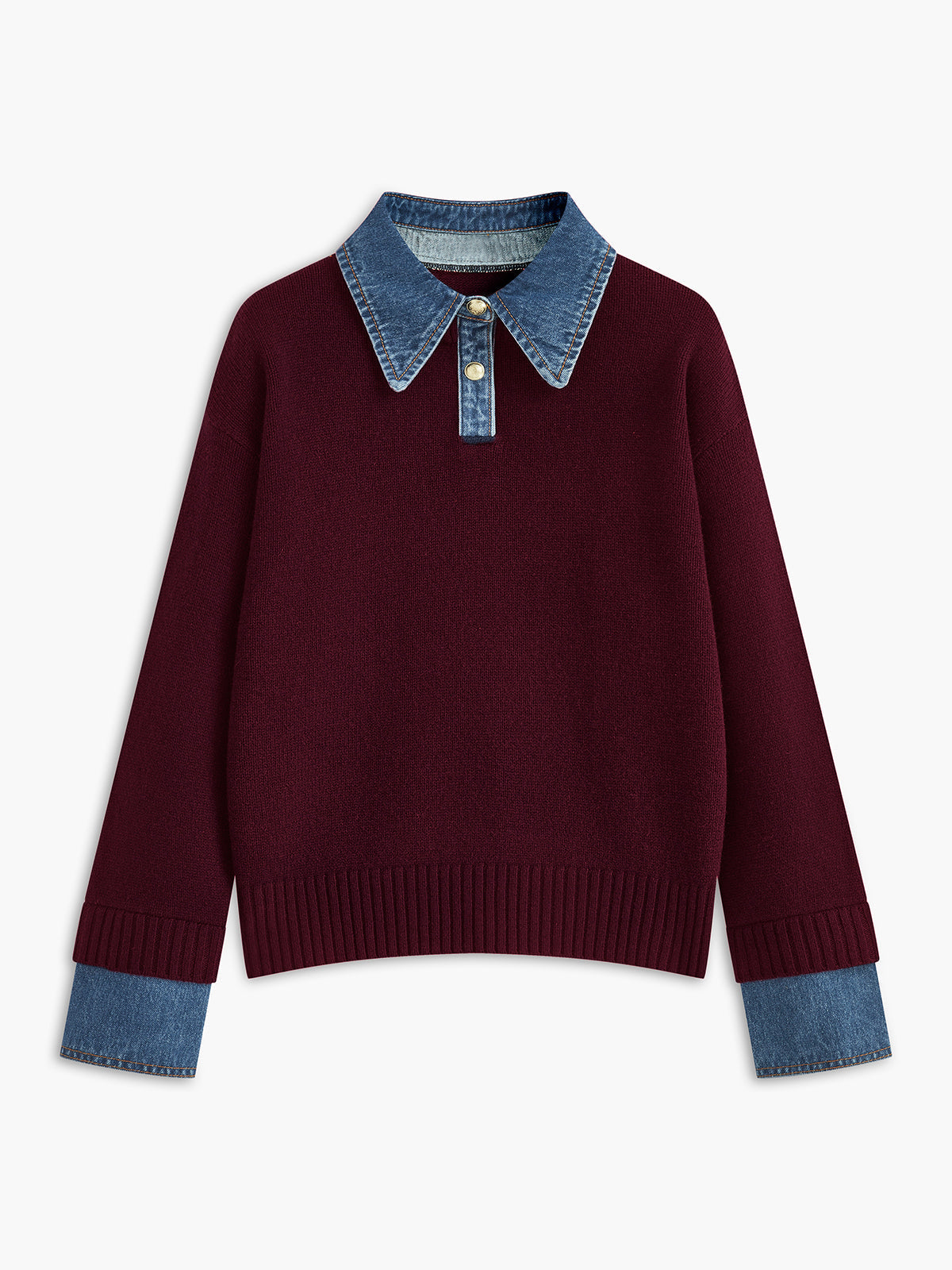 Giana Elegant Women's Sweater – Soft Knit with Denim Effect Collar & Cuffs
