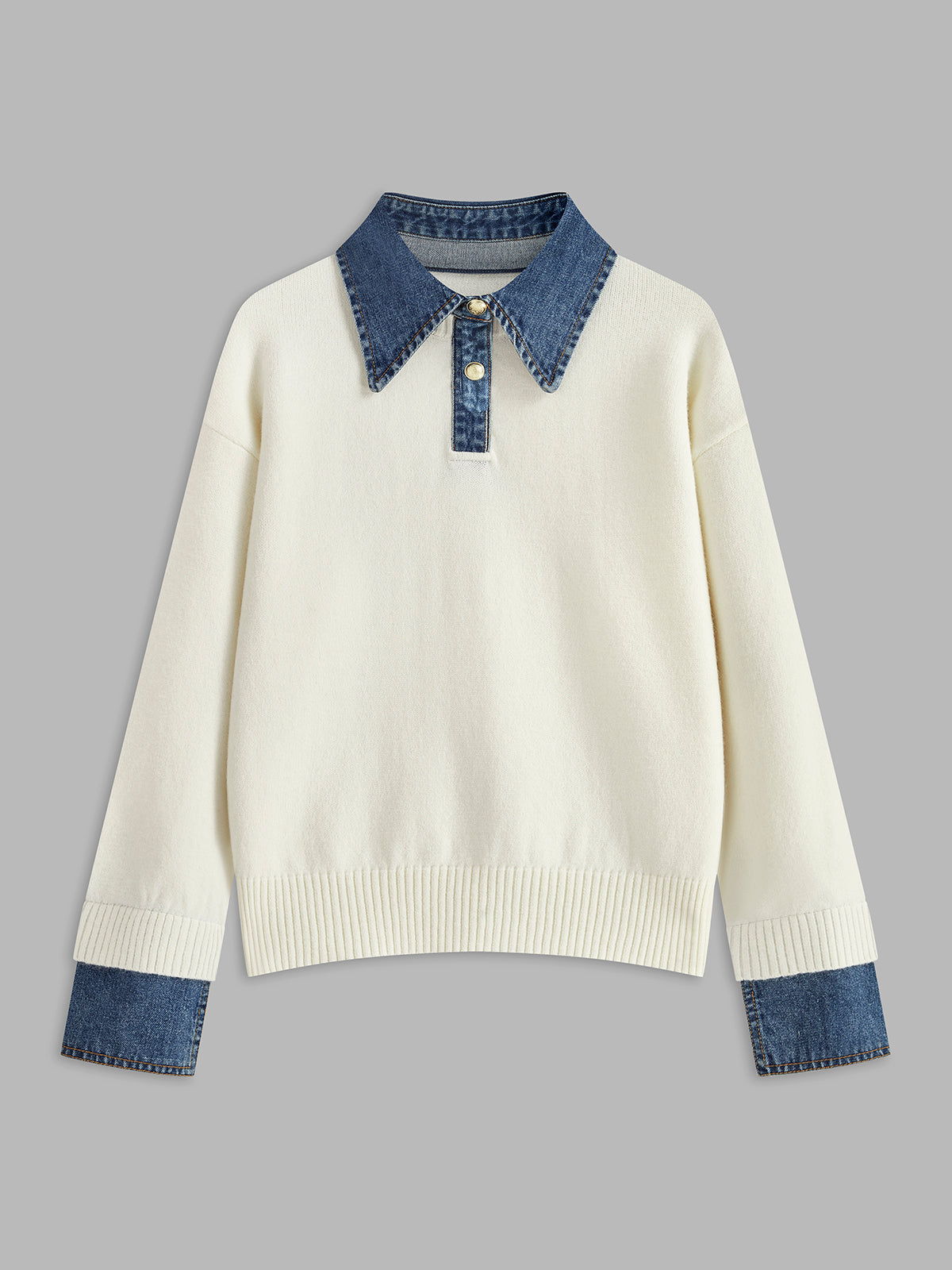 Giana Elegant Women's Sweater – Soft Knit with Denim Effect Collar & Cuffs