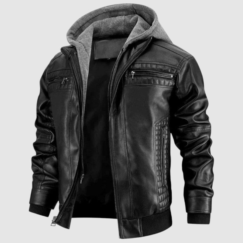 Jace Men's Leather Jacket – Retro Motorcycle Style with Hood & Zipper Closure