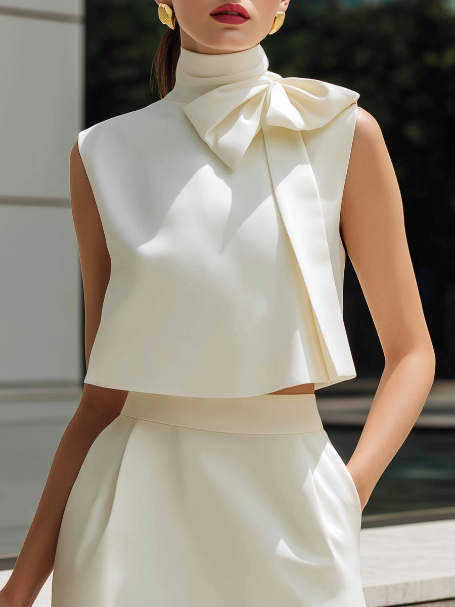 High-Neck Bow Detail Cropped Top & Slit Midi Skirt Set