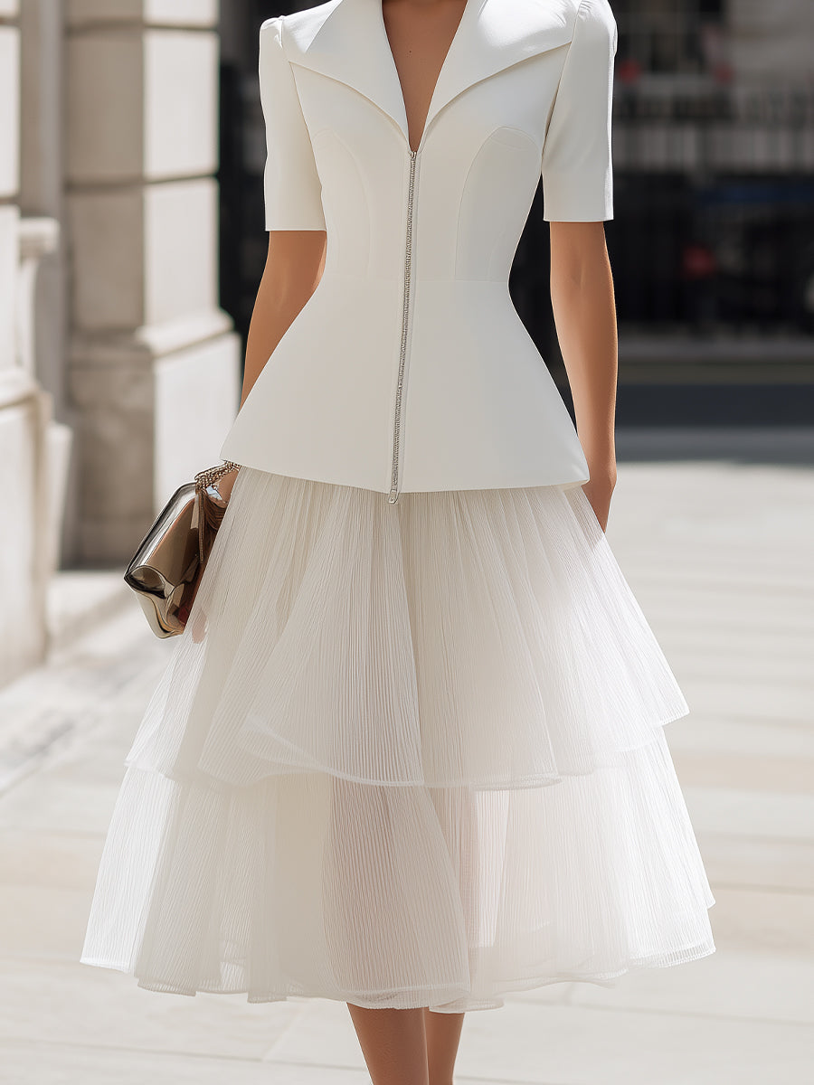 Tailored Zip-Front Top & Tiered Midi Skirt Set