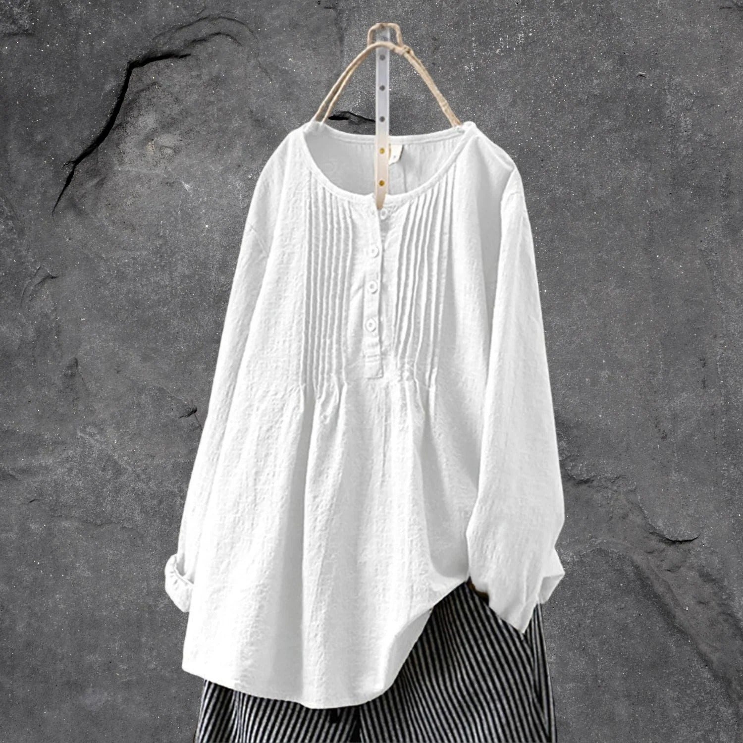 Allen Blouse Femme – Lightweight Blouse with Long or 3/4 Sleeves, Front Buttons & Structured Pleats Summer
