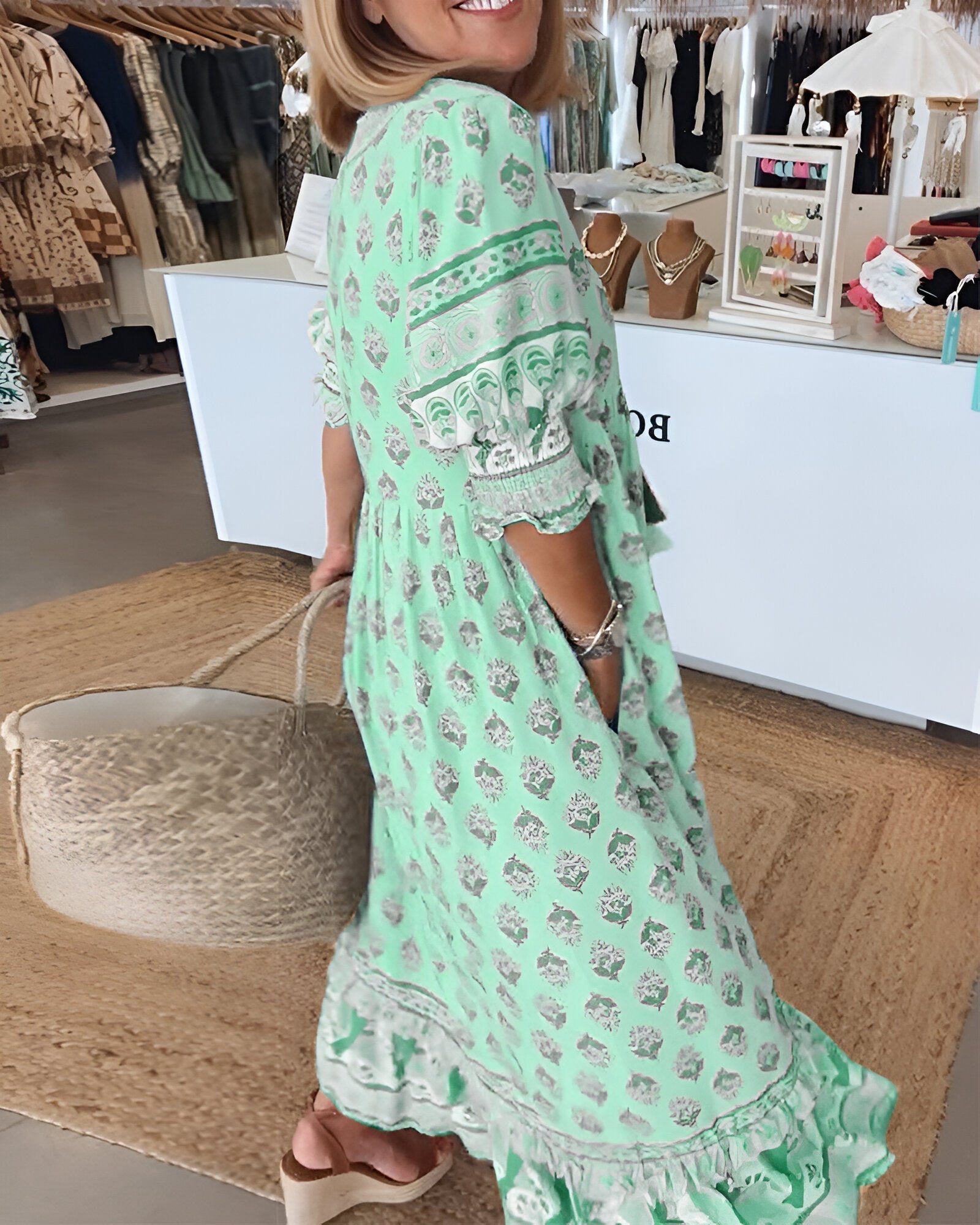 Women's V-Neck Boho Floral Maxi Dress - Flowy Summer Beach Style