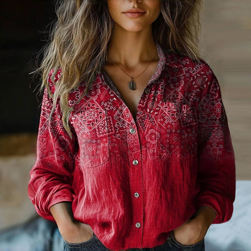 Mira Blouse Vintage Woman – Airy Blouse with Ethnic Print, Notched Collar & Long Sleeves