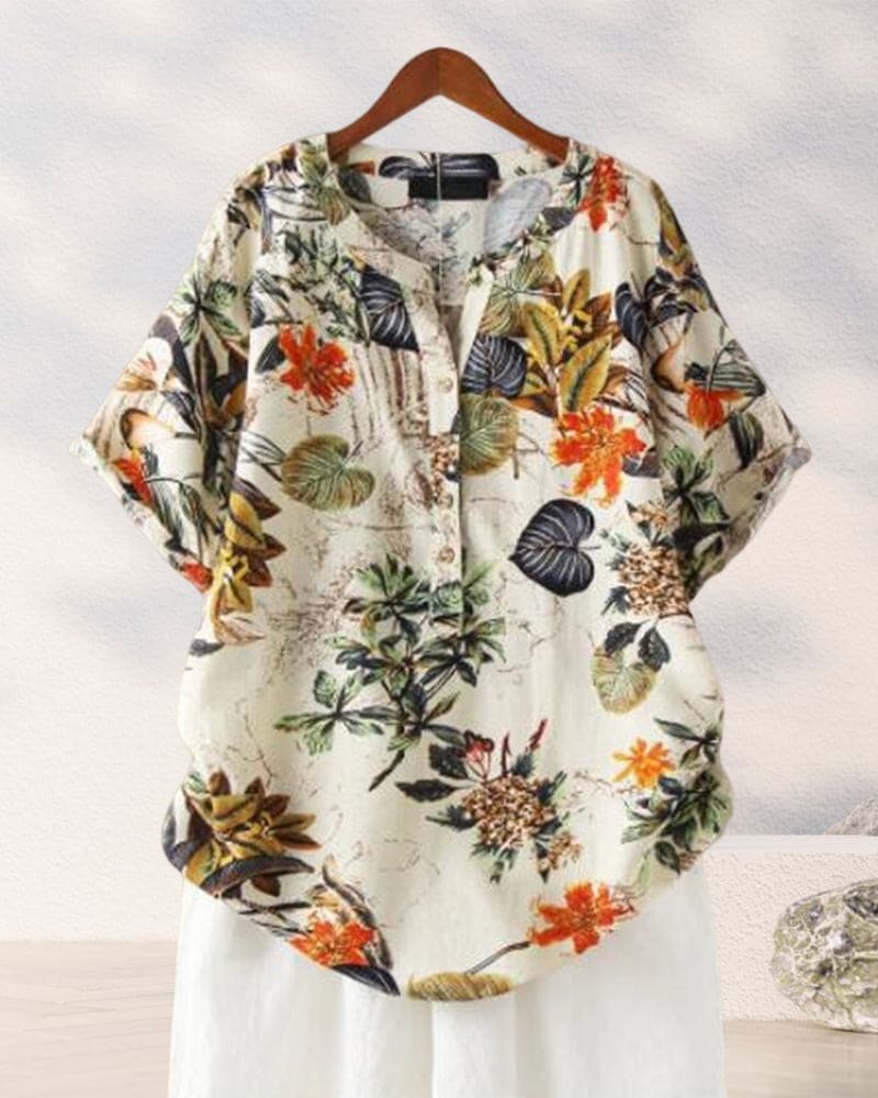 T-Shirt Woman Elisse – Casual T-Shirt with Floral Print, Cotton-Linen Mix & Knotted Detail