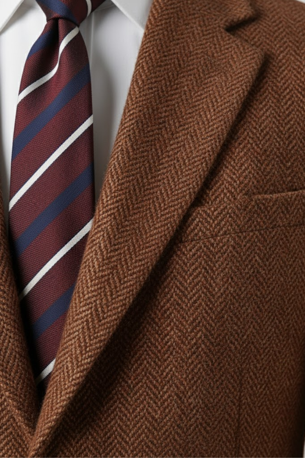 Men’s Burnt Rust Three-Piece Tweed Suit – Tailored Herringbone Blazer, Waistcoat and Trousers