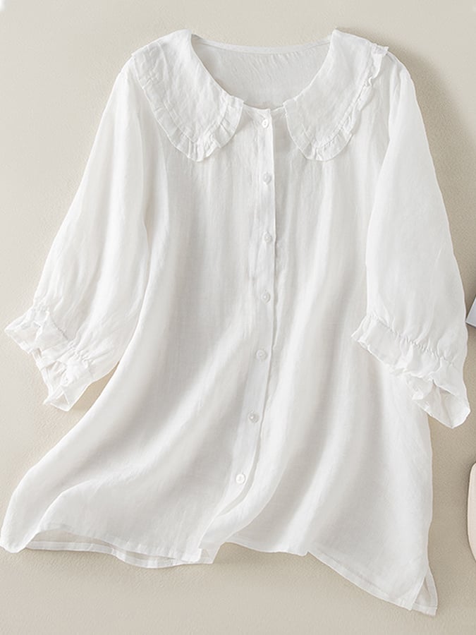 Jillian Blouse Woman – Loose Cotton-Linen Shirt with Chic Peter Pan Collar and Ruffles