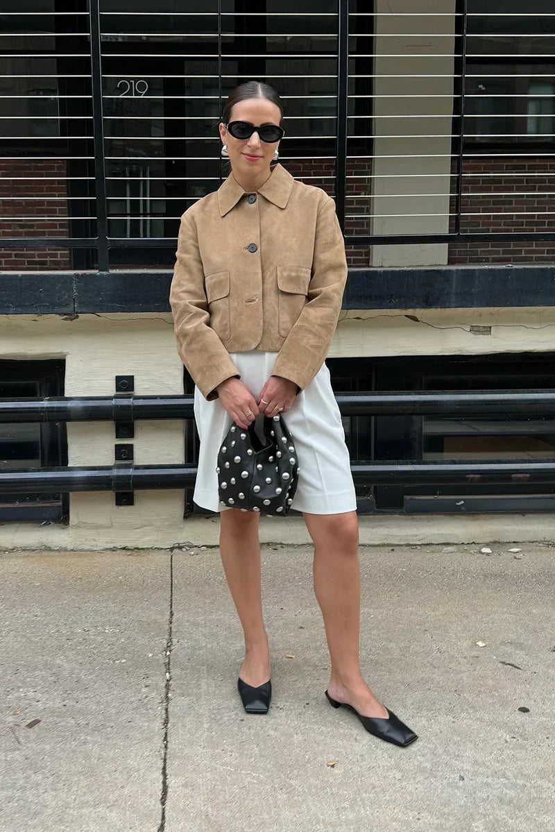 Laurel Women's Jacket – Short in Elegant Beige Suede, Minimalist & Urban Style