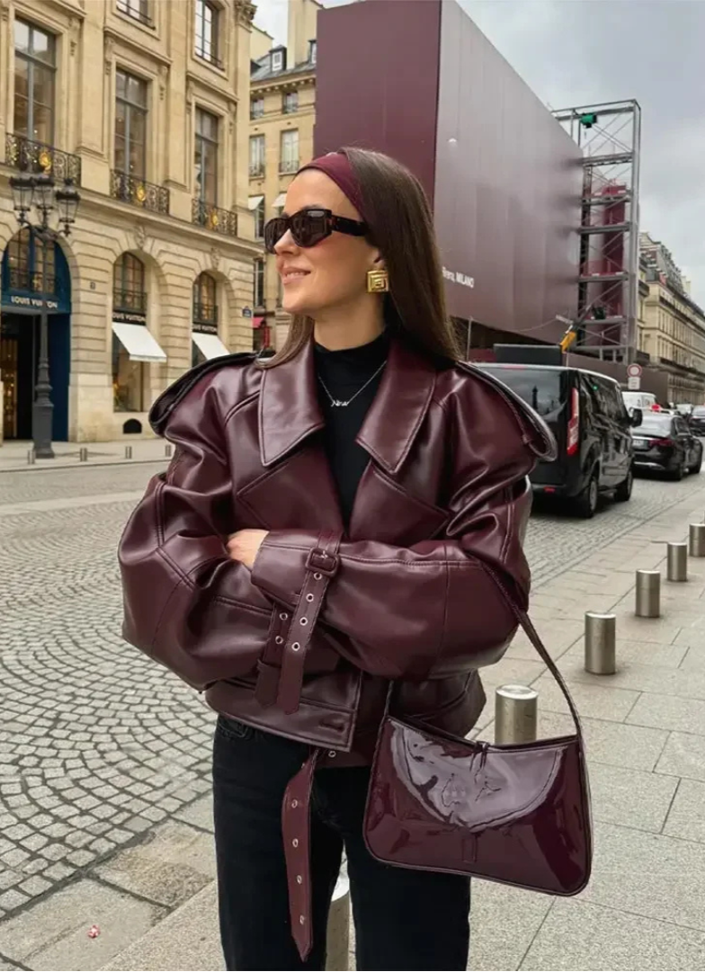 Audace Parisienne Oversize Jacket Leather Effect – Belt, Modern & Elegant Style Woman