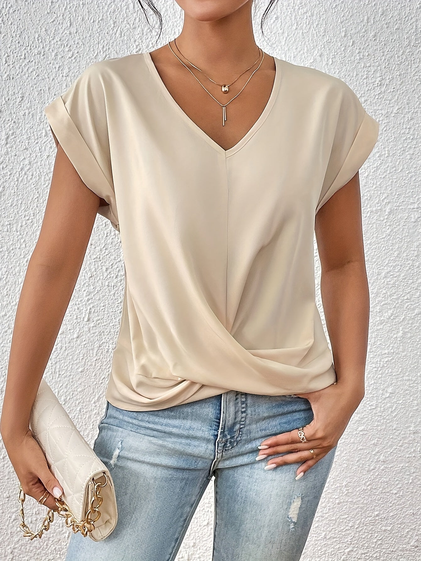 Yasmine Top Woman – V-neck with Knot Detail, Elegant Draped & Comfortable Fit