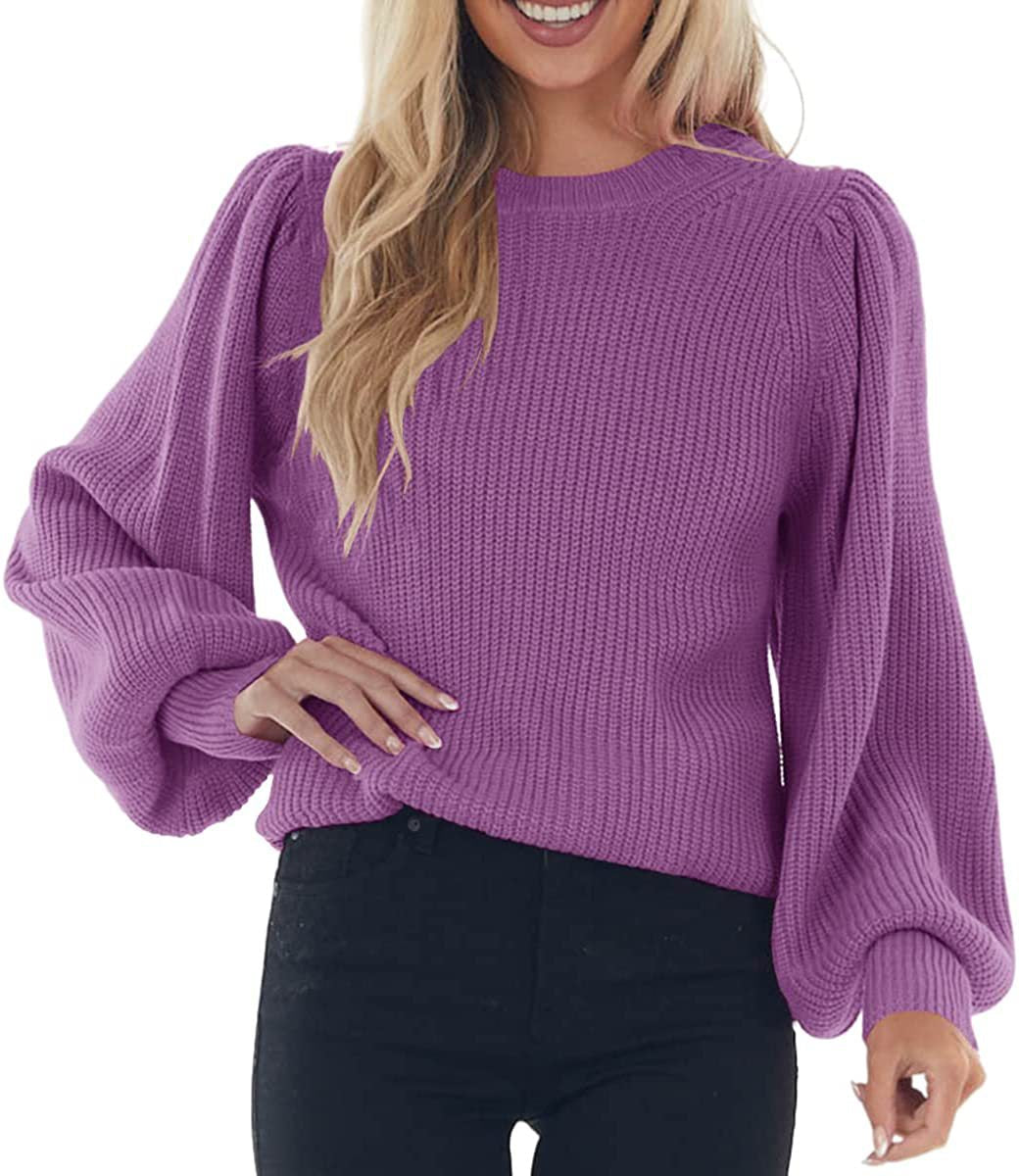 Amely Women's Ribbed Knit Sweater – Elegant Sweater with Puff Sleeves and Round Neck