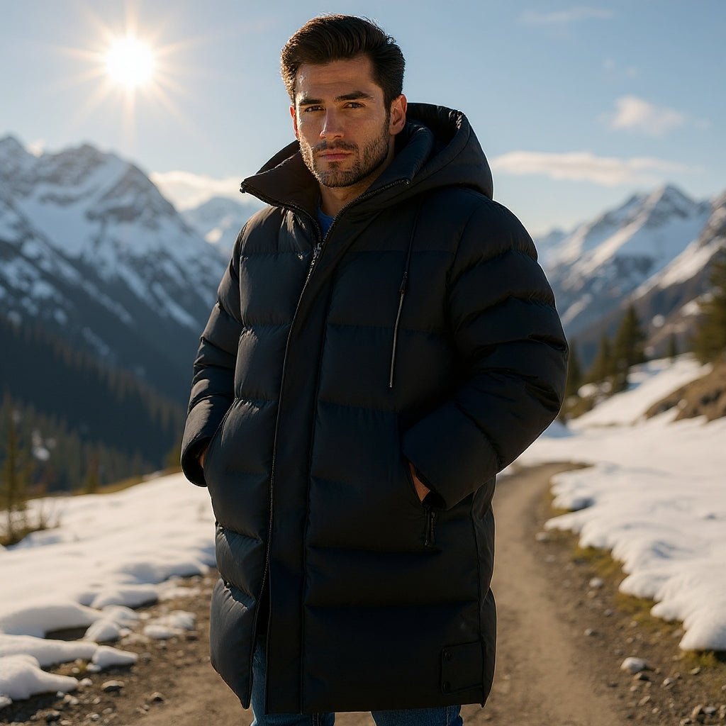 Arlo Men's Long Puffer Coat – Warm Winter Down Jacket with Hood & Protective Cut