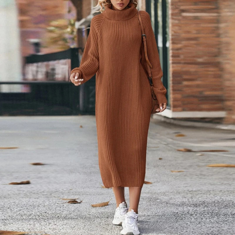 Women's Knitted Jumper Dress - Roll neck with Midi Length