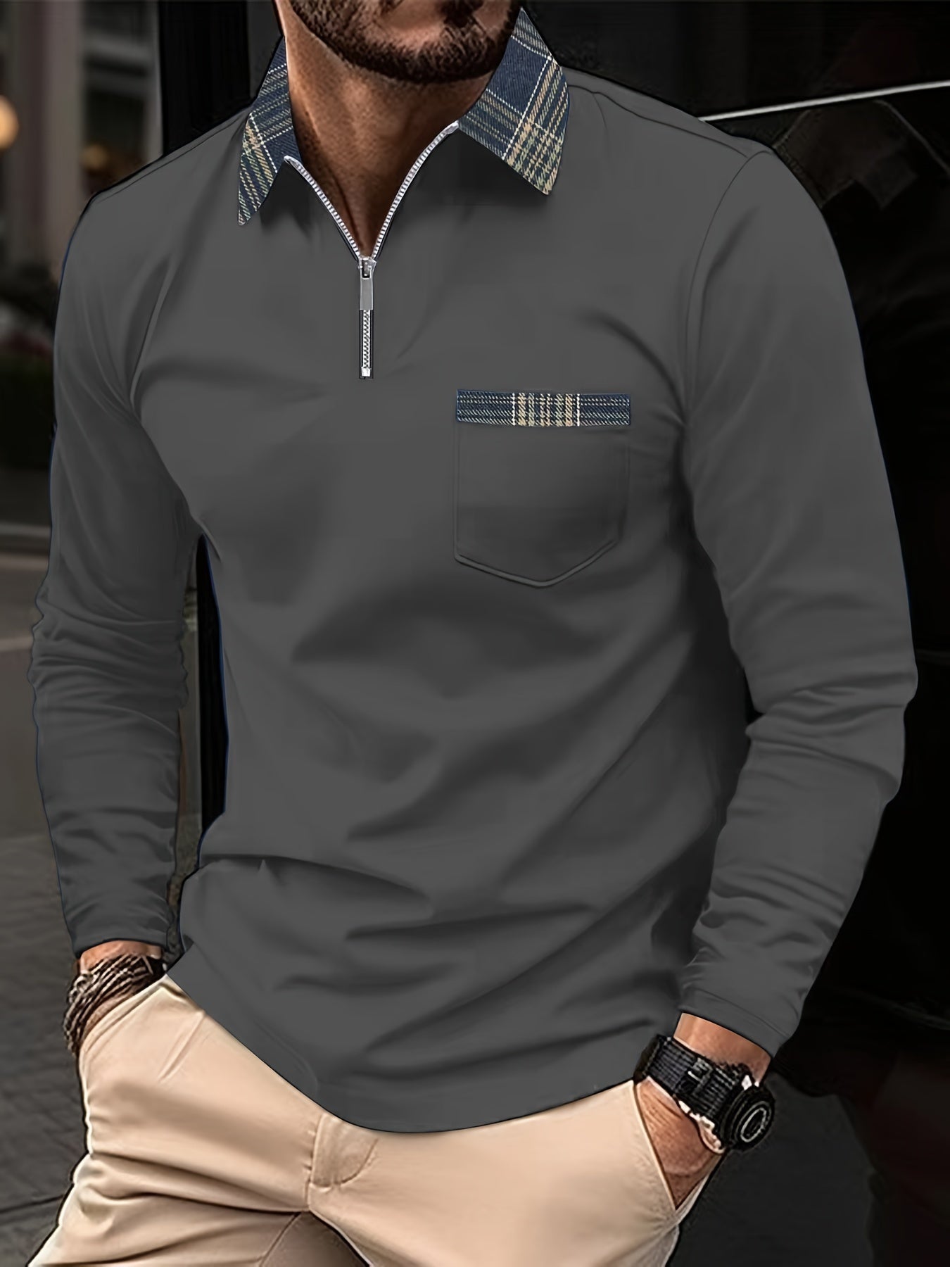 Frank Polo Long Sleeves – Zip Collar & Checkered Pattern, Elegance and Comfort Men