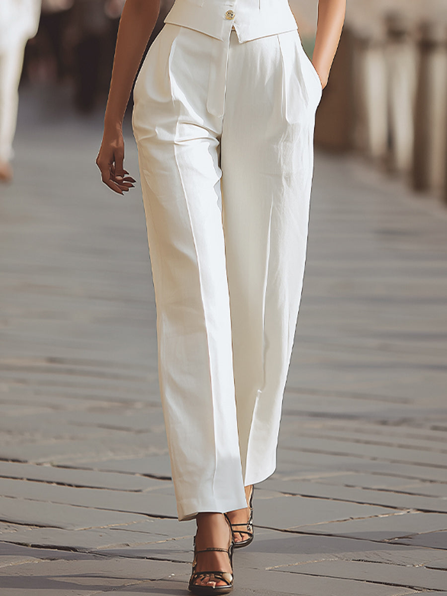 Elegant Button-Front Top & High-Rise Tailored Trouser Set