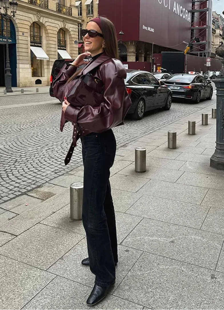 Audace Parisienne Oversize Jacket Leather Effect – Belt, Modern & Elegant Style Woman