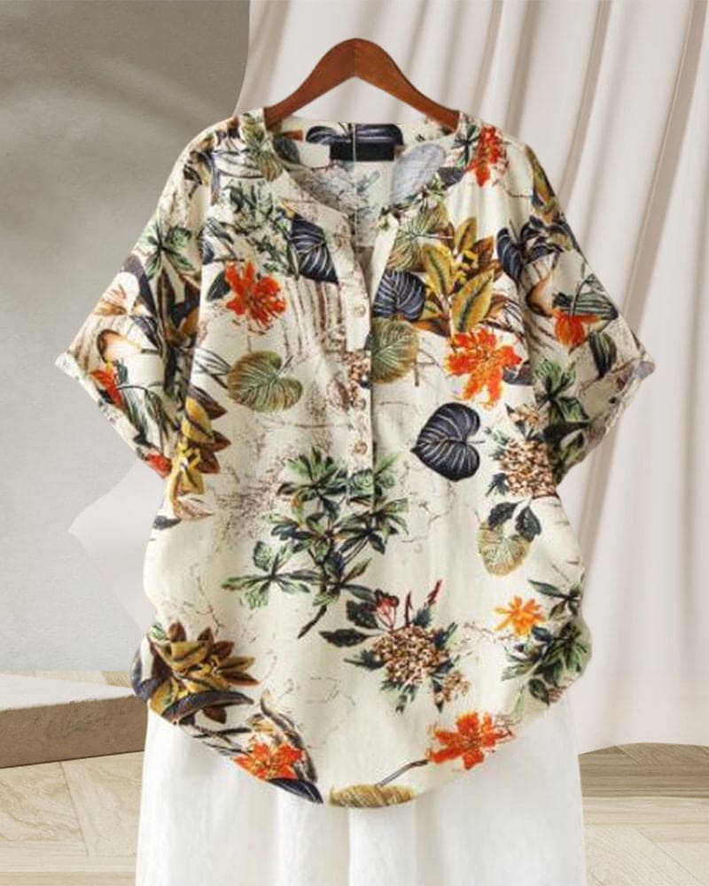 T-Shirt Woman Elisse – Casual T-Shirt with Floral Print, Cotton-Linen Mix & Knotted Detail