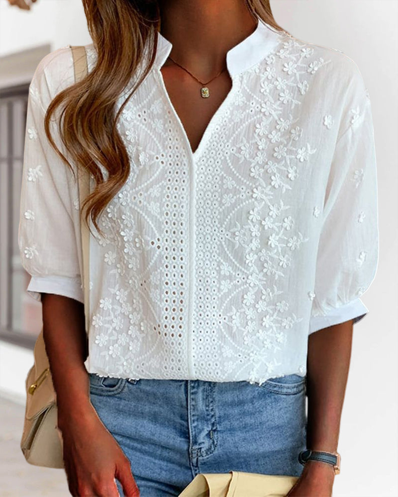 Blouse Femme Amélie – Top with V-Neck and Puff Sleeves, Cotton Blend & Patchwork Details