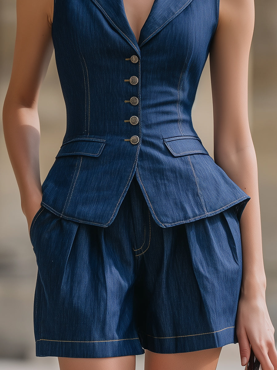 Retro Denim Peplum Waistcoat & Pleated Shorts Two-Piece Set