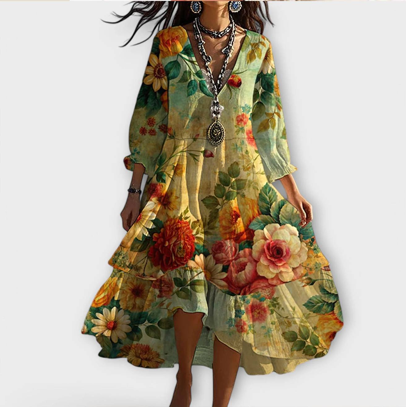 Floral V-Neck Midi Dress – Comfort Stretch Fit & Flattering Silhouette