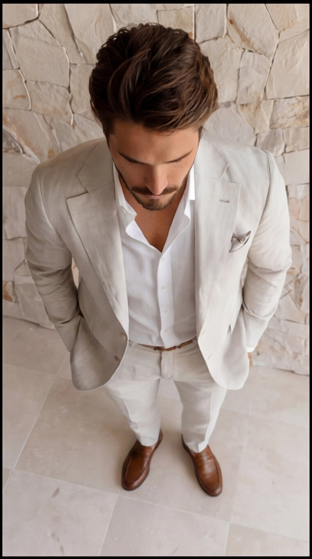 Two-Piece Linen Blend Men’s Suit – Slim Blazer & Trousers for Business & Weddings
