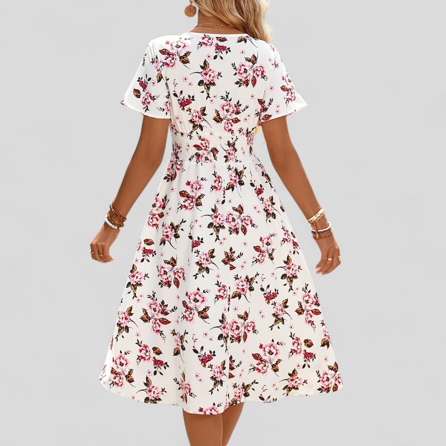 V-Neck Short Sleeve Midi Dress – Flattering Silhouette & All-Day Comfort