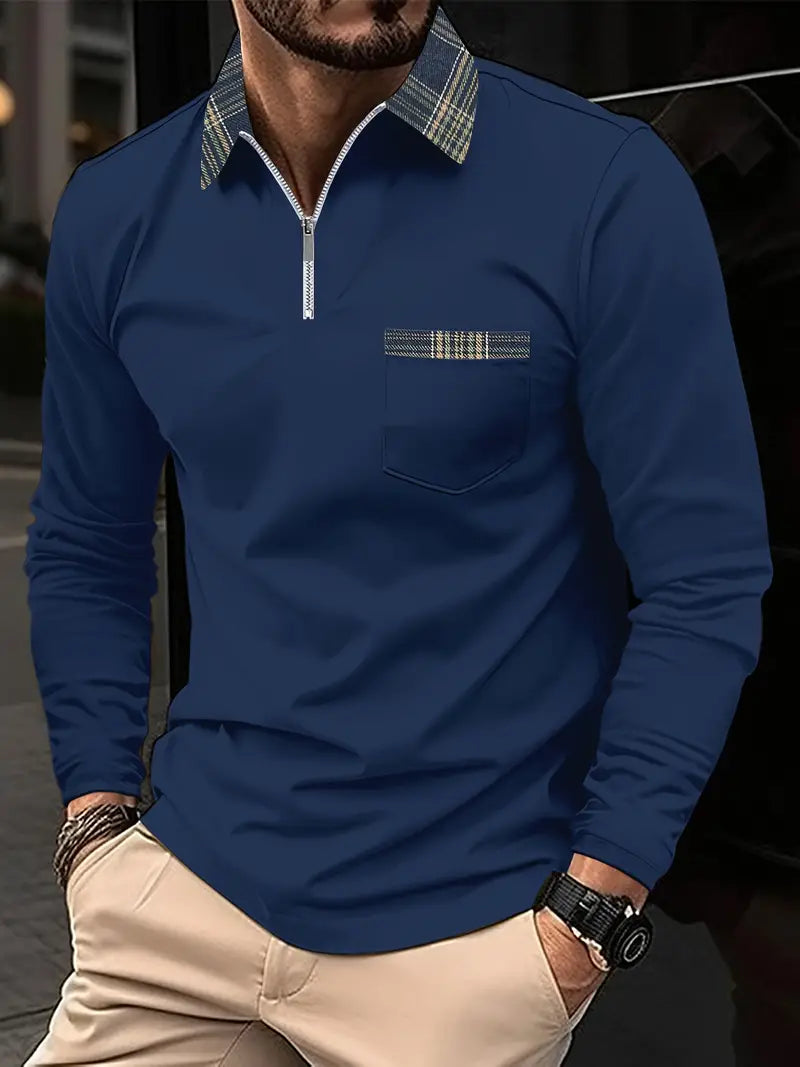 Frank Polo Long Sleeves – Zip Collar & Checkered Pattern, Elegance and Comfort Men