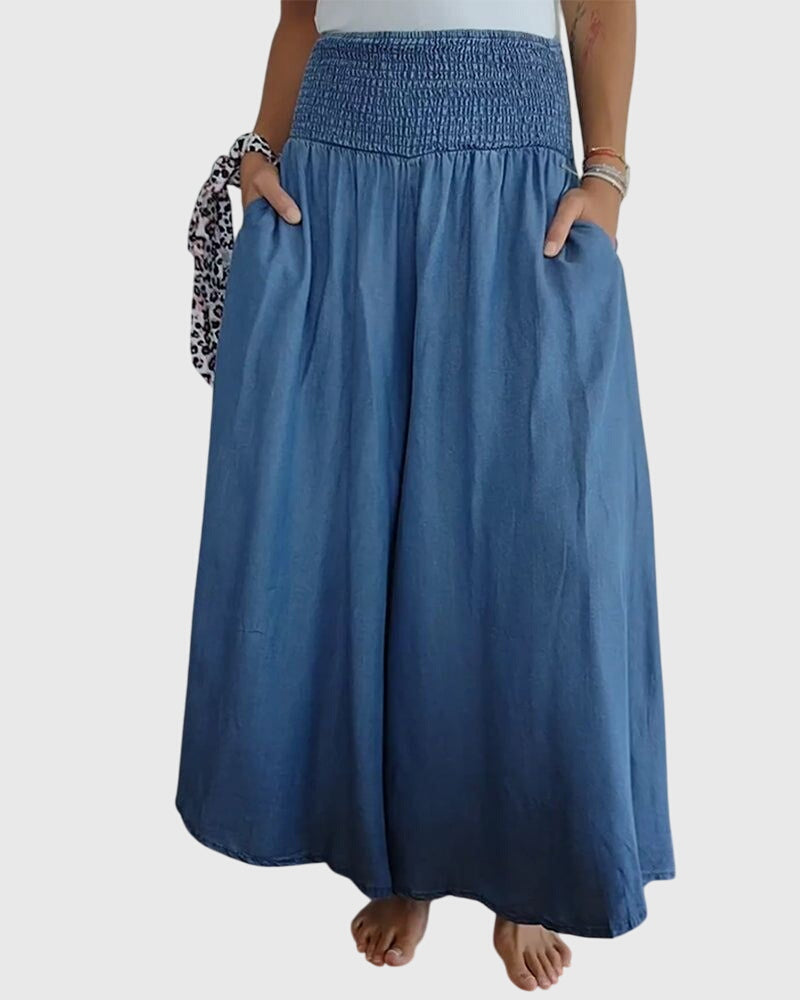 Denim Boho Comfortable Pants with Elastic Waistband – Waist-Defining Fit & All-Day Comfort