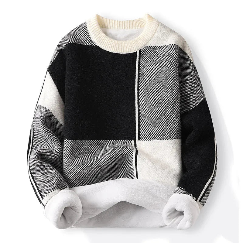 Men’s Colour-Block Knitted Jumper – Crew Neck, Long Sleeve - Geometric Design