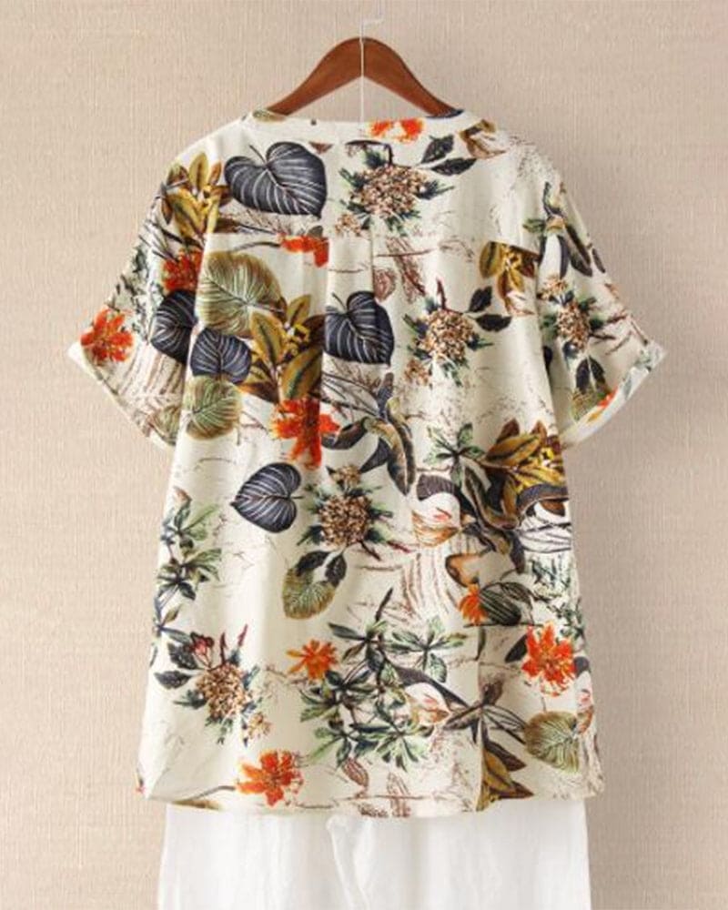 T-Shirt Woman Elisse – Casual T-Shirt with Floral Print, Cotton-Linen Mix & Knotted Detail
