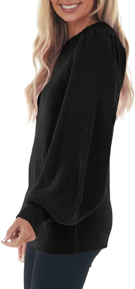 Amely Women's Ribbed Knit Sweater – Elegant Sweater with Puff Sleeves and Round Neck