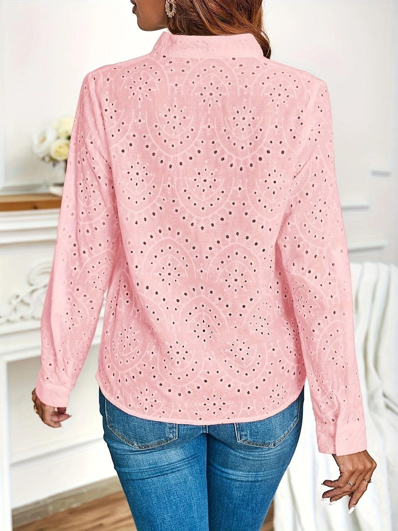 Clyde Blouse Femme – Lightweight Long Sleeve Top with Openwork Details & Straight Cut