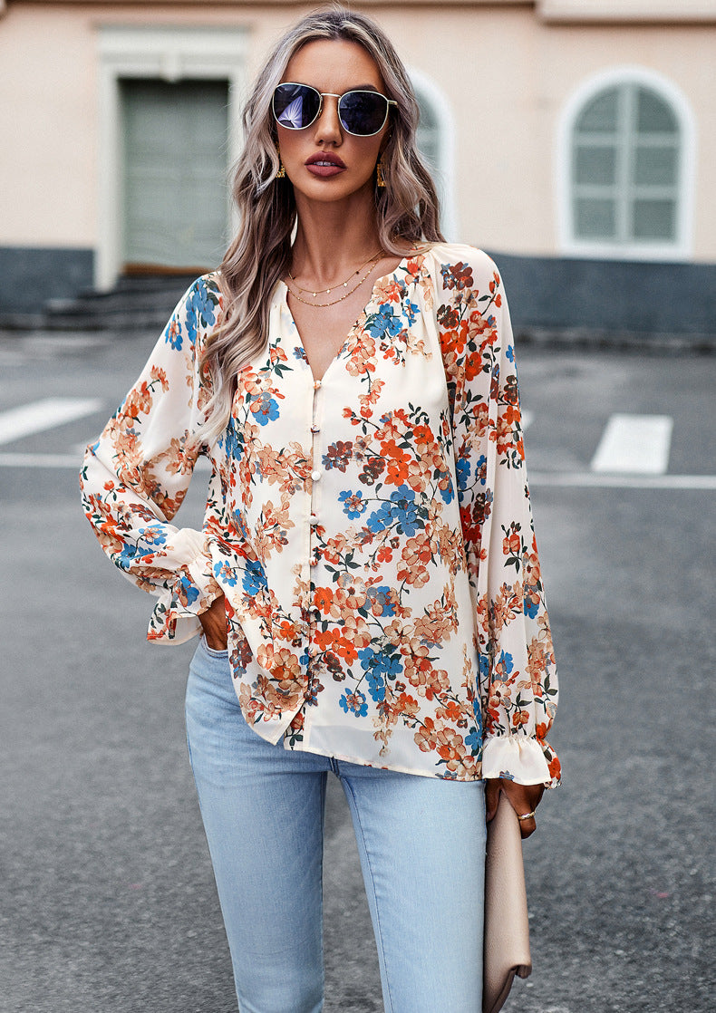 Aaliyah Blouse Femme – Lightweight Floral Top with Long Sleeves & V-Neck for Elegant Style