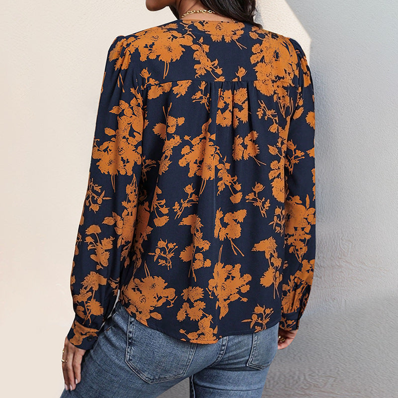 Sadie Blouse Femme – Lightweight Top with V-Neck, Printed & Long Sleeves for an Autumn Style