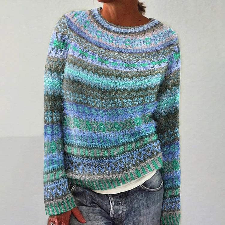 Hanna Women's Sweater – Casual Vintage Sweater with Ethnic Print & Elegant Retro Style
