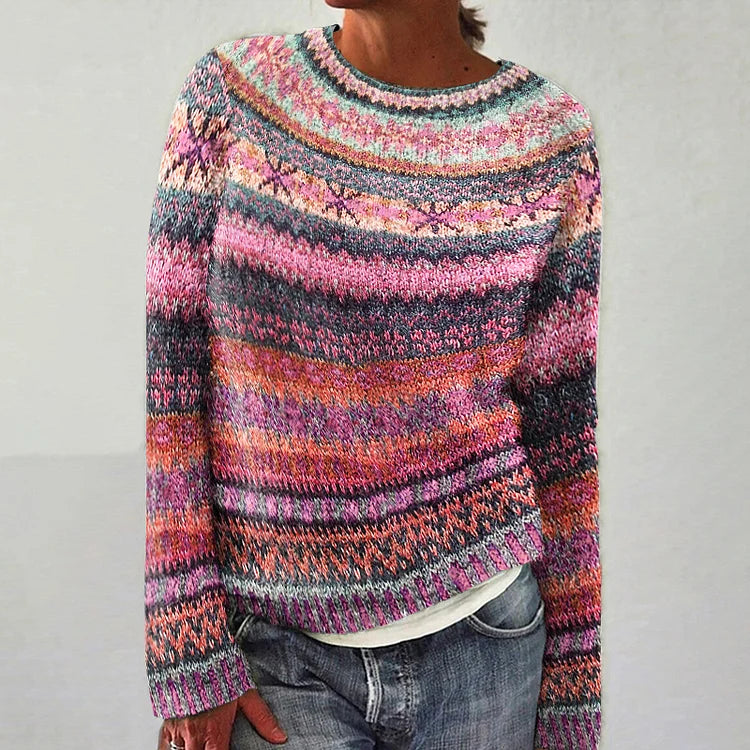 Hanna Women's Sweater – Casual Vintage Sweater with Ethnic Print & Elegant Retro Style
