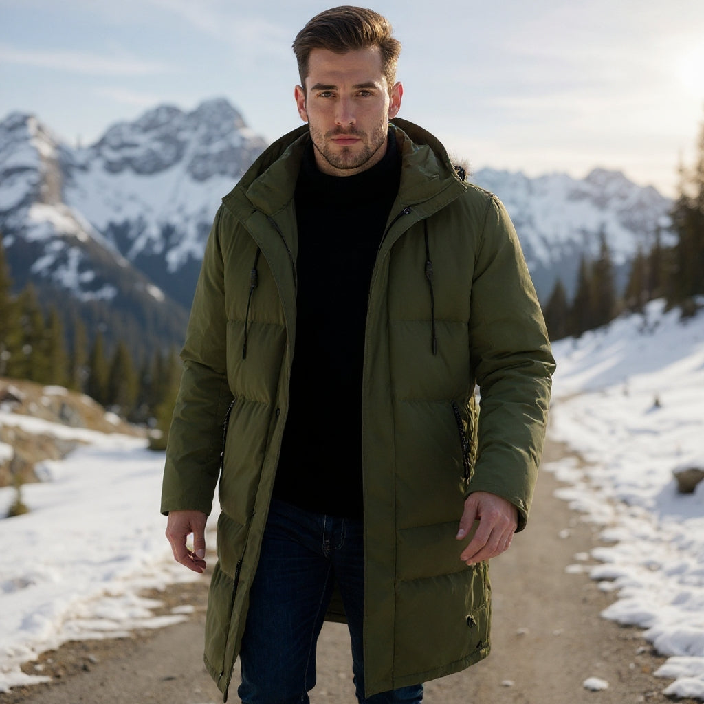 Arlo Men's Long Puffer Coat – Warm Winter Down Jacket with Hood & Protective Cut