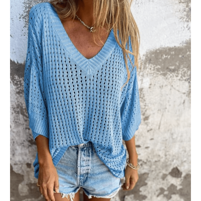 Aria Light Top with Openwork Patterns Woman – Fluid Cut, 3/4 Sleeves and Breathable Design by Looksy