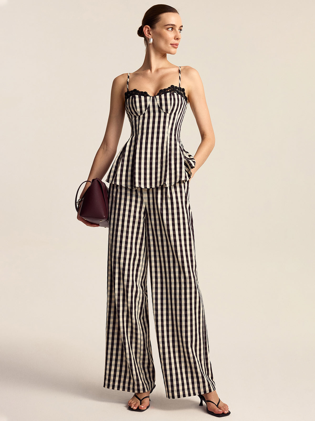 Gingham Spaghetti Strap Peplum Top with Lace Trim