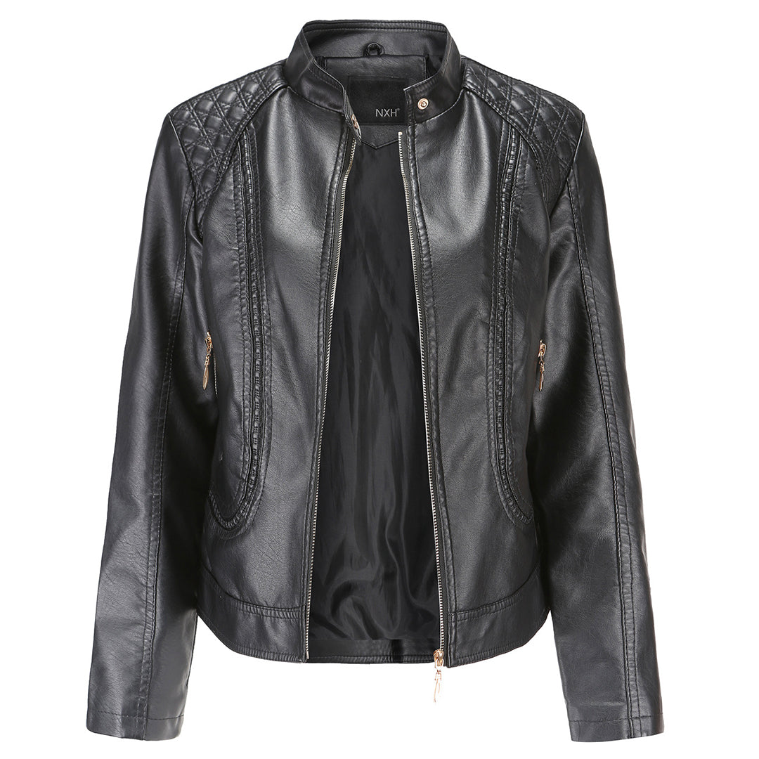 Janiyah Women's Leather Jacket – Chic Stand Collar, Zippers & Elegant Modern Style